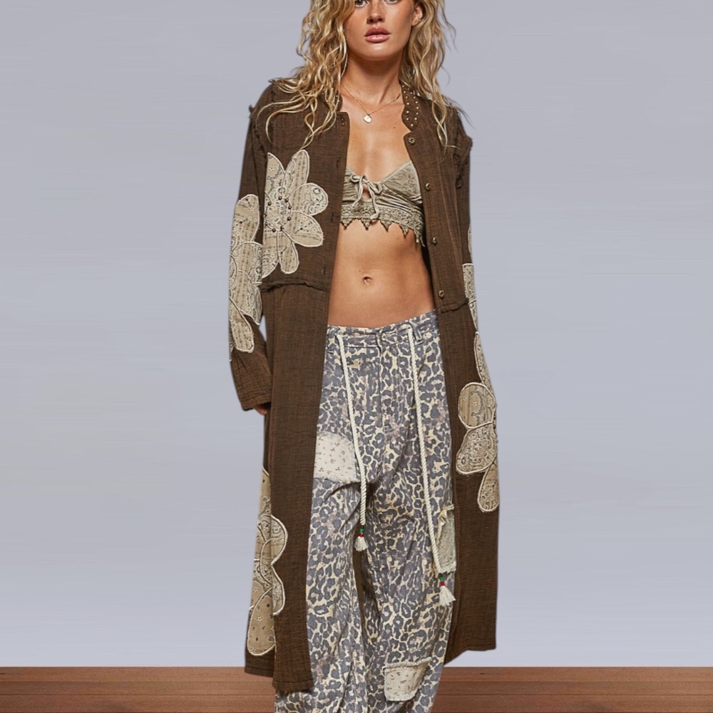 POL Clothing Longline Appliqué Floral Patchwork Jacket